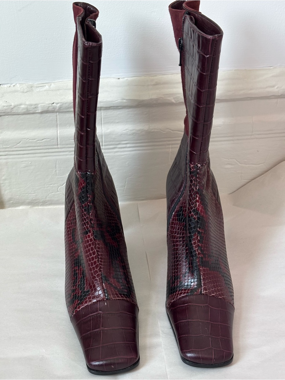 Bordeaux crocodile snakeskin suede mid calf boot